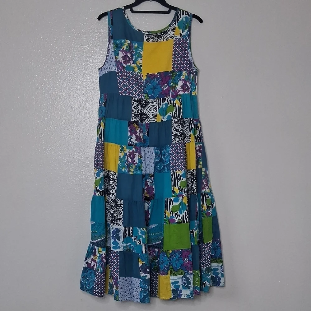 La Cera Patchwork Floral Shift Dress Boho Festival Cotton Summer Resortwear Sz S